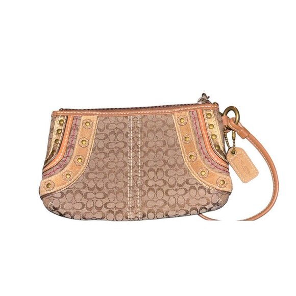 Coach Vtg Signature Jacquard & Tooled w Leather Trim & Stud Wristlet - 7" X 4.5" - Picture 4 of 7